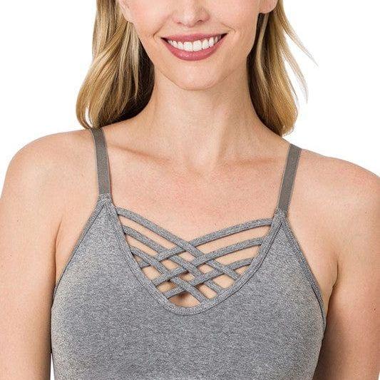 Front v-lattice bralette with removable bra pads