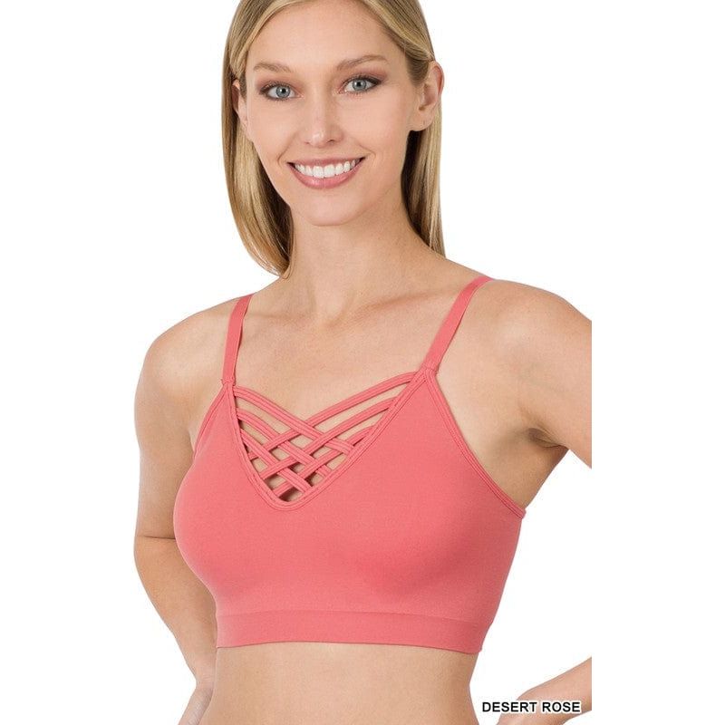 Front v-lattice bralette with removable bra pads
