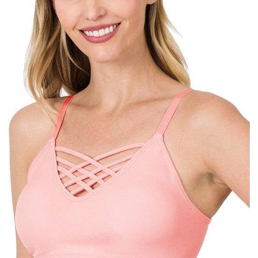 Front v-lattice bralette with removable bra pads