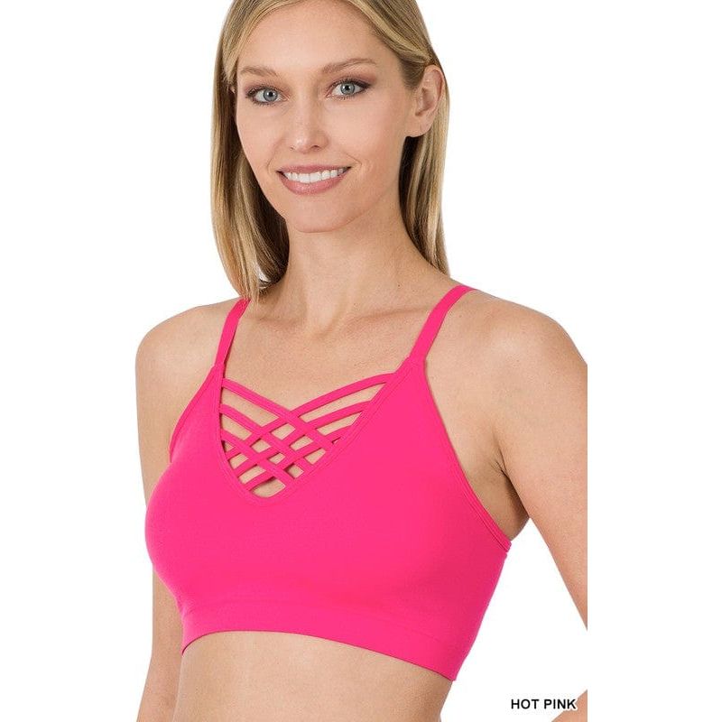 Front v-lattice bralette with removable bra pads