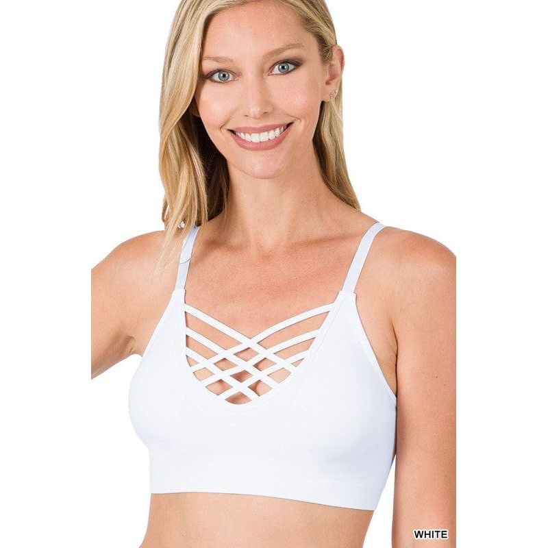 Front v-lattice bralette with removable bra pads