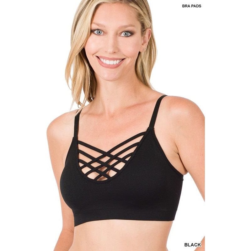 Front v-lattice bralette with removable bra pads