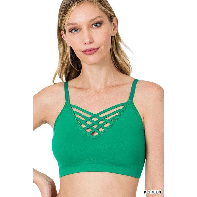 Front v-lattice bralette with removable bra pads