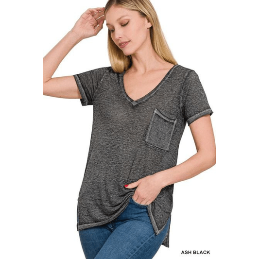 Washed Melange Burnout Scoop V-neck Top