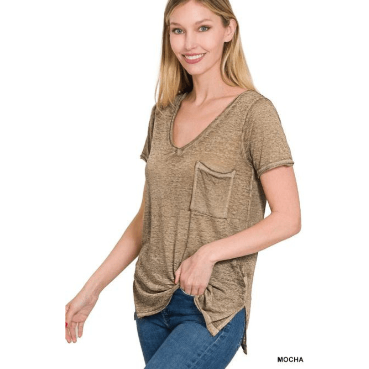 Washed Melange Burnout Scoop V-neck Top