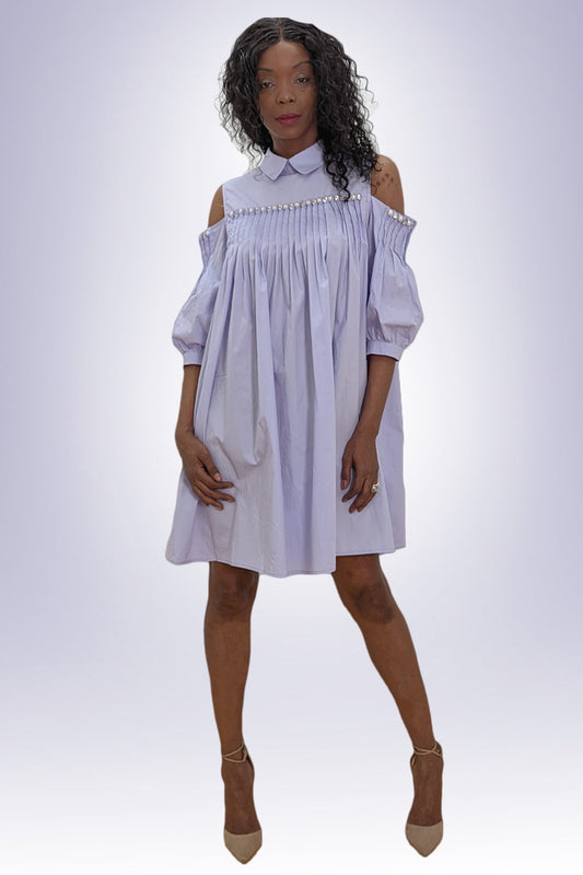 Cold Shoulder Pearls Collar Cotton Short Dress