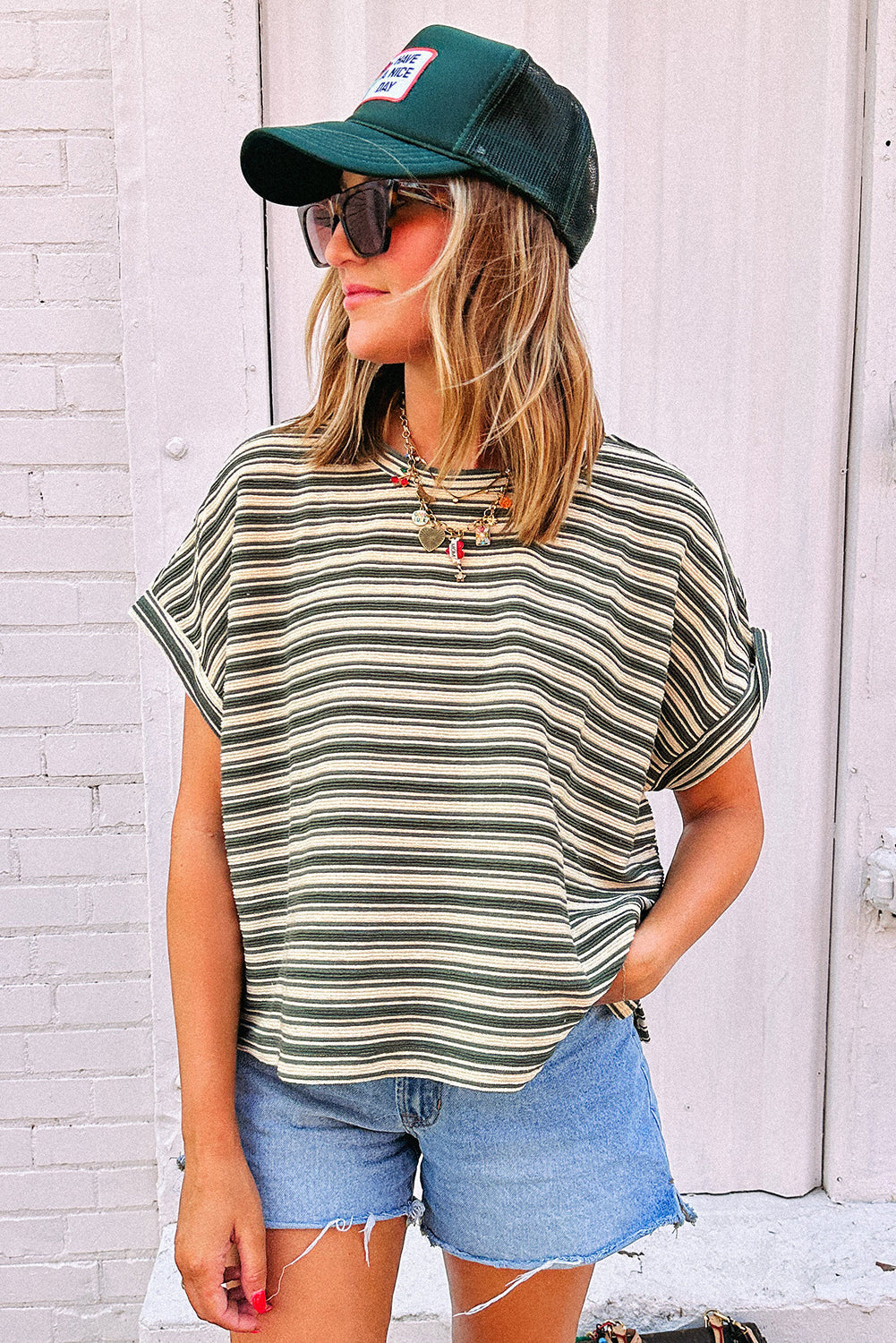 Green Stripe Textured Side Slits Crew Neck T Shirt