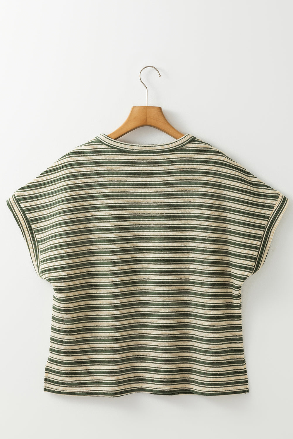 Green Stripe Textured Side Slits Crew Neck T Shirt