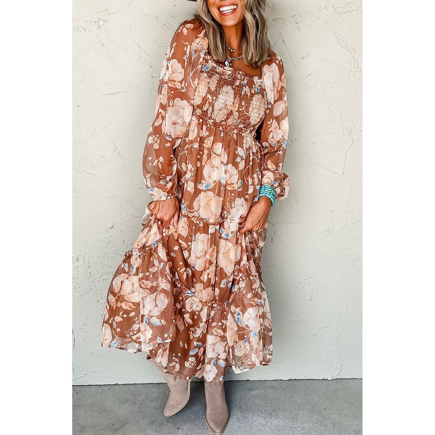 Brown Floral Print Shirred Square Neck High Waist Maxi Dress