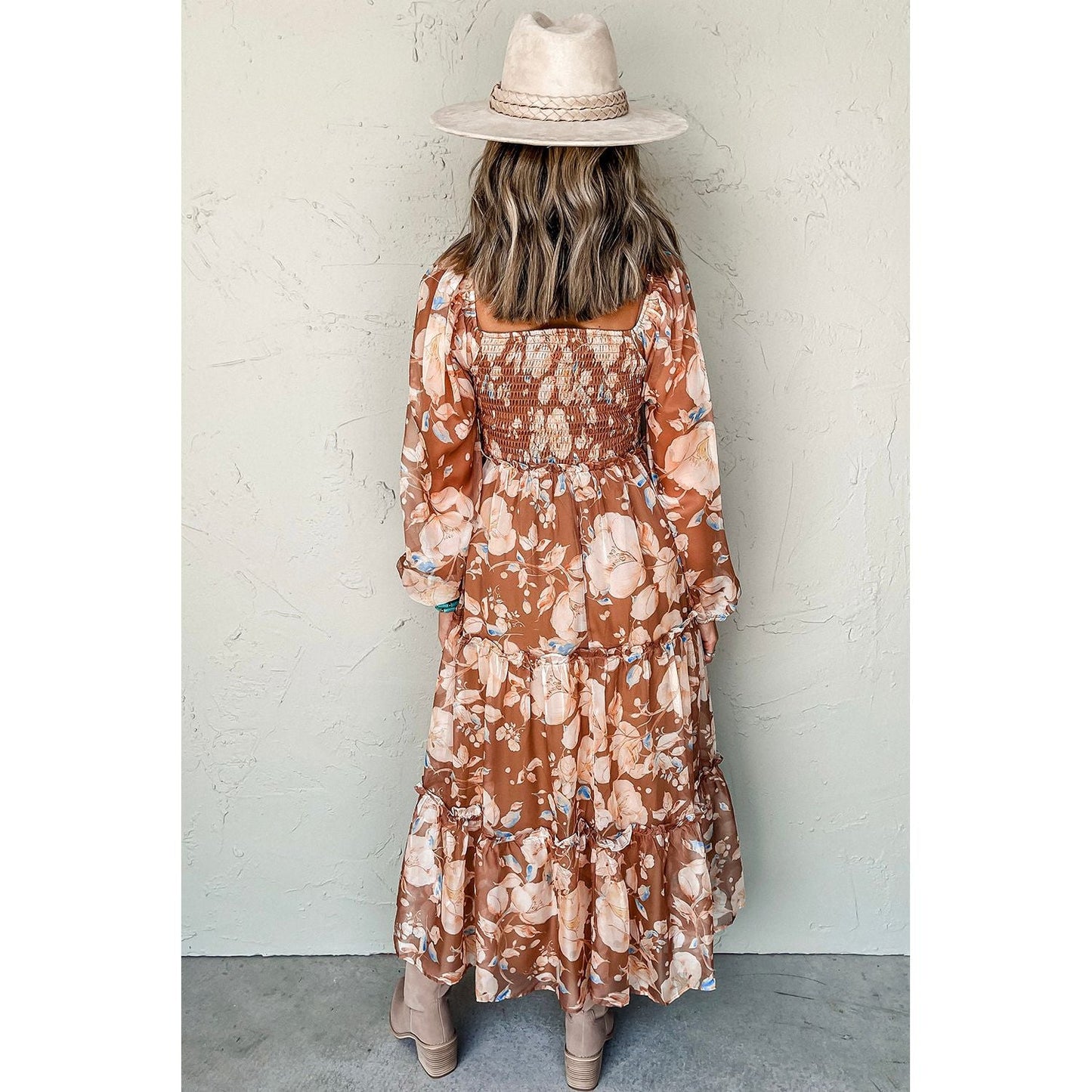 Brown Floral Print Shirred Square Neck High Waist Maxi Dress