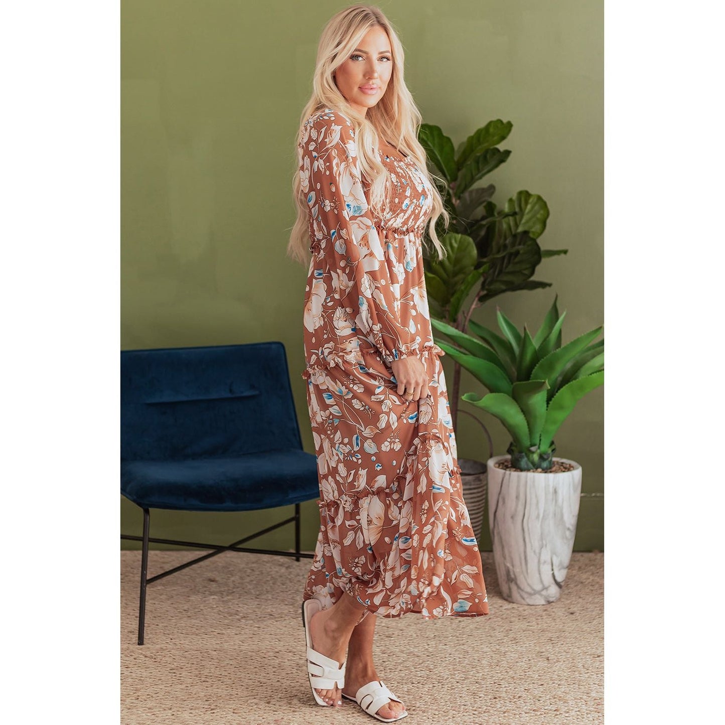 Brown Floral Print Shirred Square Neck High Waist Maxi Dress