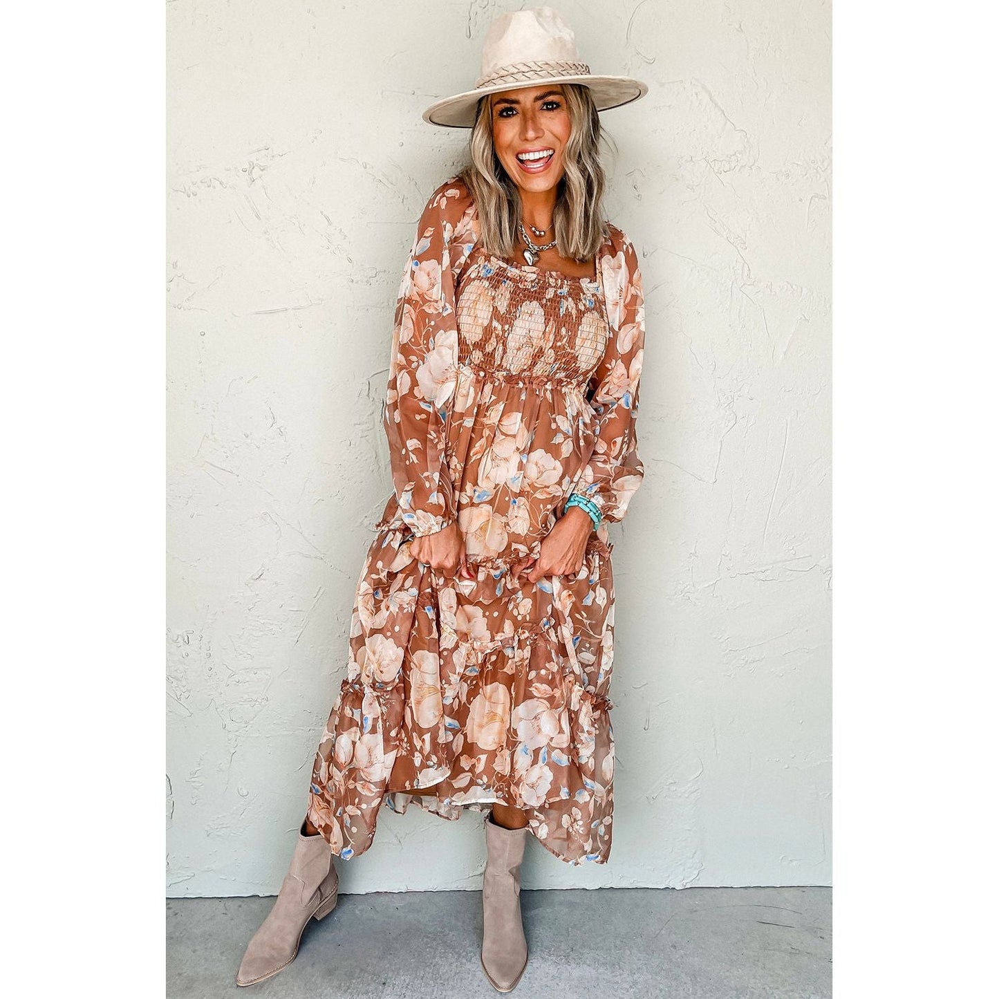 Brown Floral Print Shirred Square Neck High Waist Maxi Dress