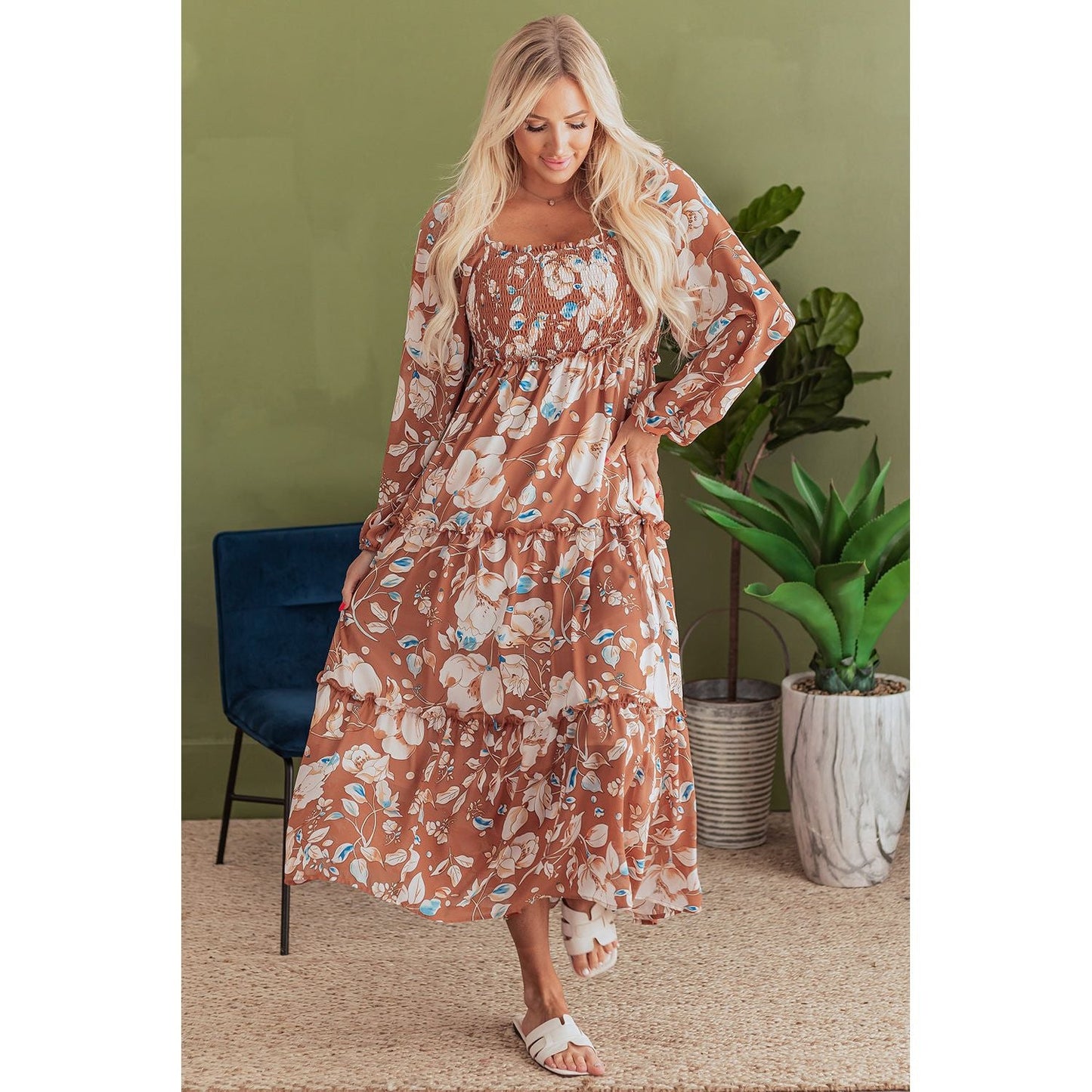 Brown Floral Print Shirred Square Neck High Waist Maxi Dress