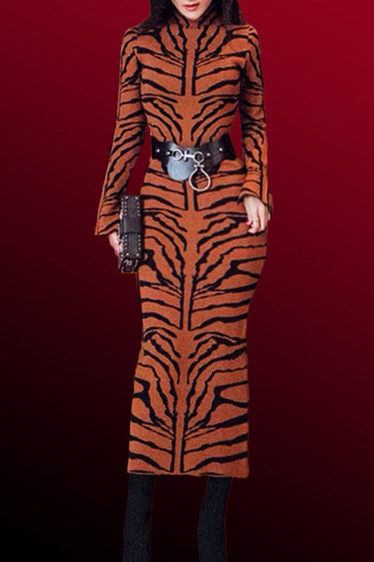 Long Sleeve Bodycon High Neck Midi Dress