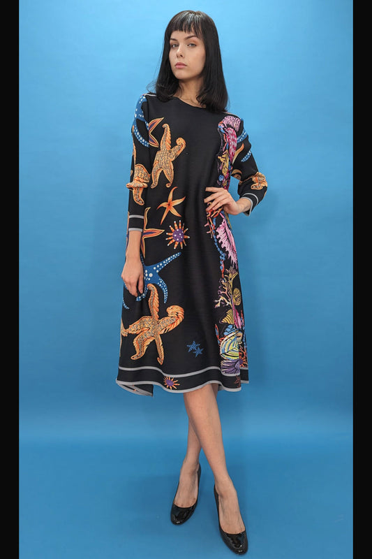 Long Sleeve Aquatic Print Midi Dress