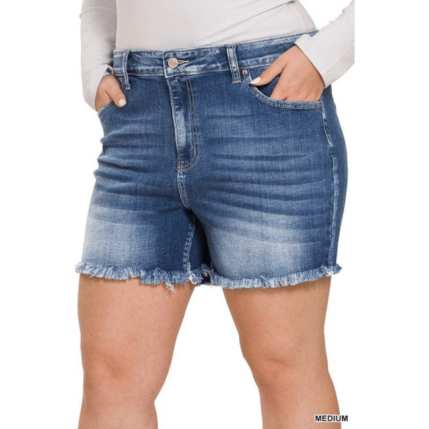 Plus mid rise raw frayed hem denim shorts
