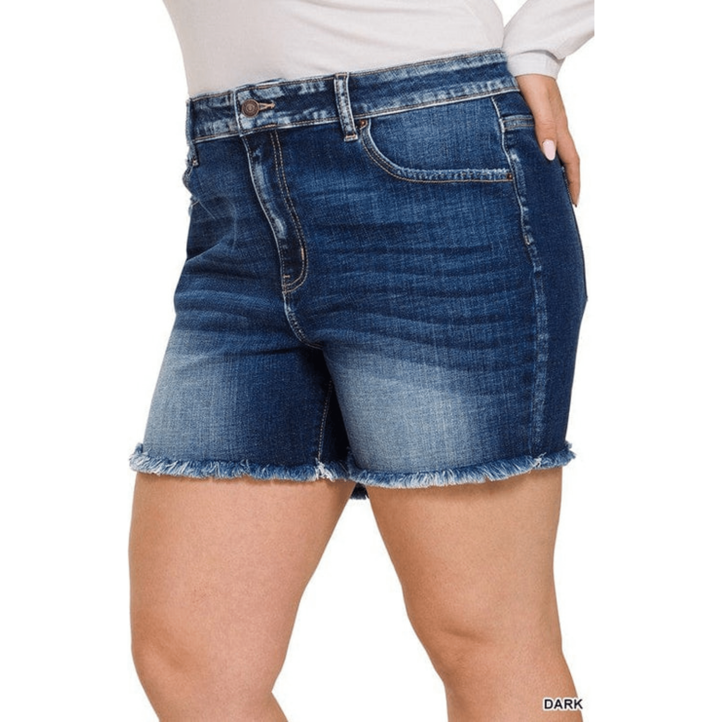 Plus mid rise raw frayed hem denim shorts