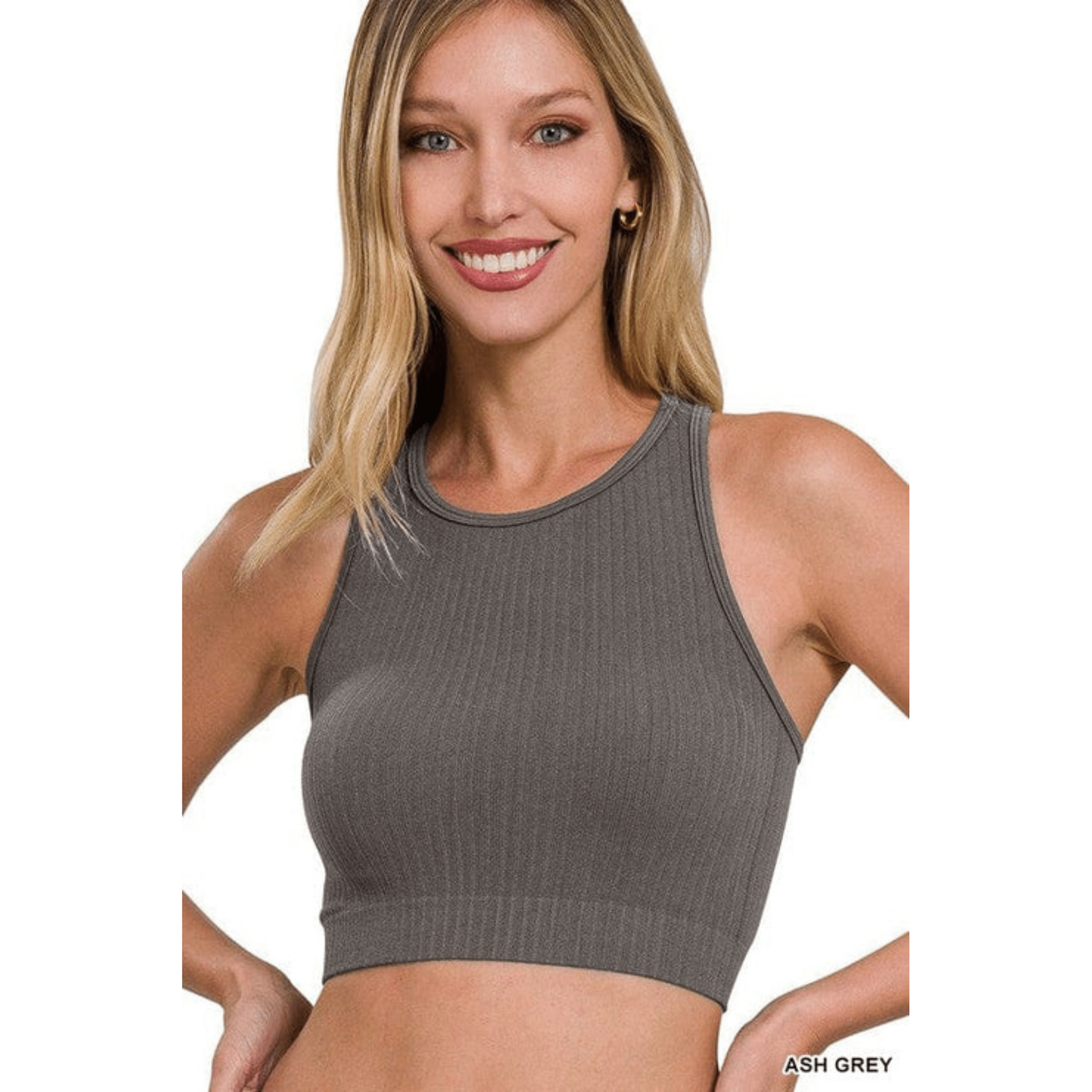 Ribbed seamless racerback crew neck crop tank top