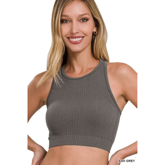 Ribbed seamless racerback crew neck crop tank top