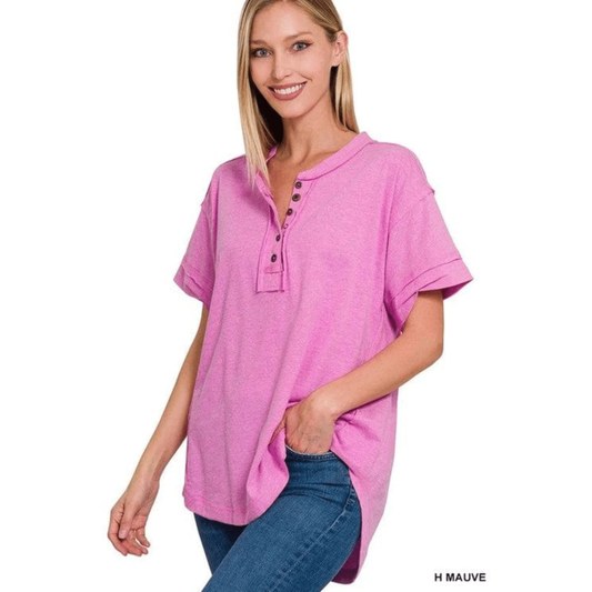 Raw Edge Detailed Button Closure Short Sleeve Top