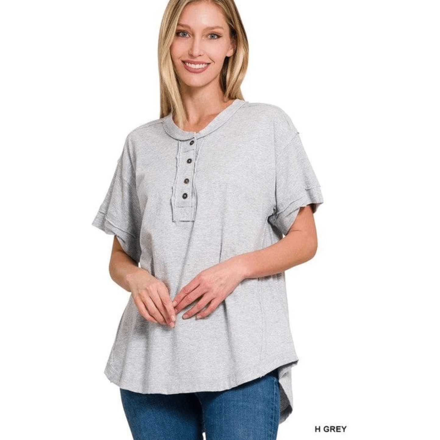 Raw Edge Detailed Button Closure Short Sleeve Top