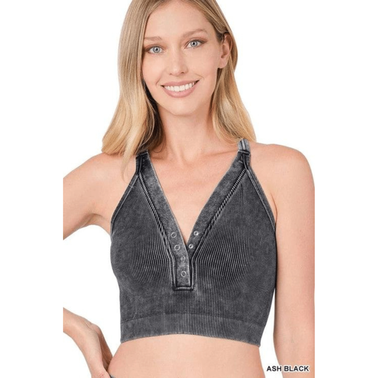 Washed Ribbed Cropped Button V-neck Tank Top