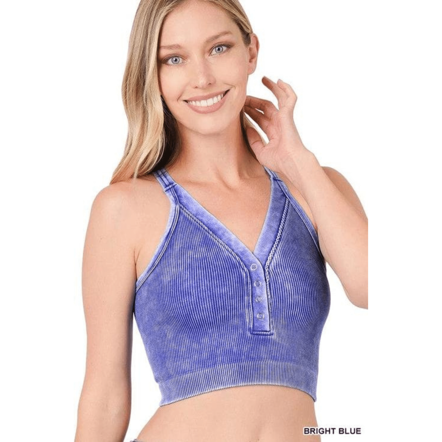 Washed Ribbed Cropped Button V-neck Tank Top