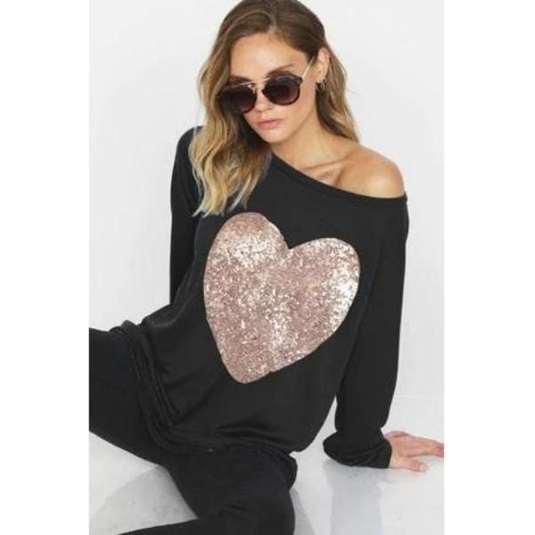 French terry wide neck top with big sequins