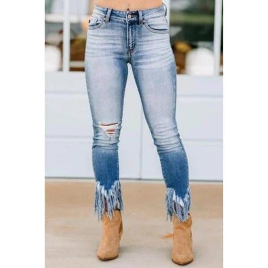 Fringe bottom denim trousers