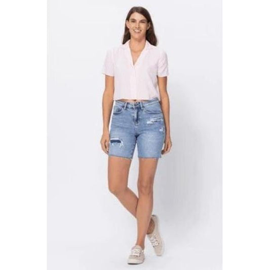 High waisted mid length denim patch shorts