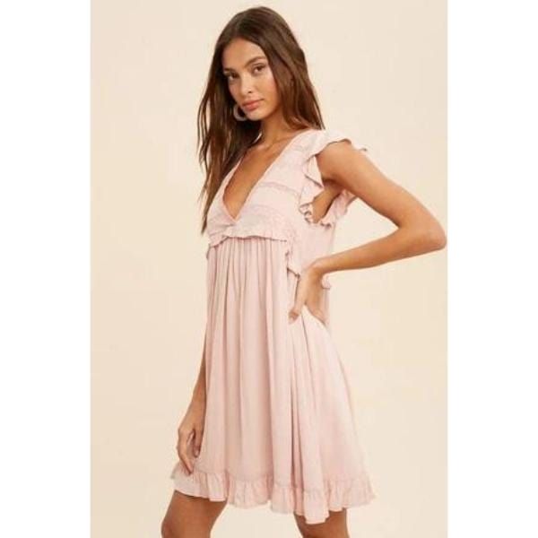Lace accent ruffle trim mini dress