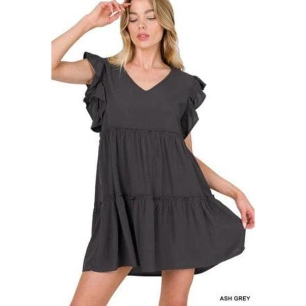 Woven ruffle sleeve tiered mini dress