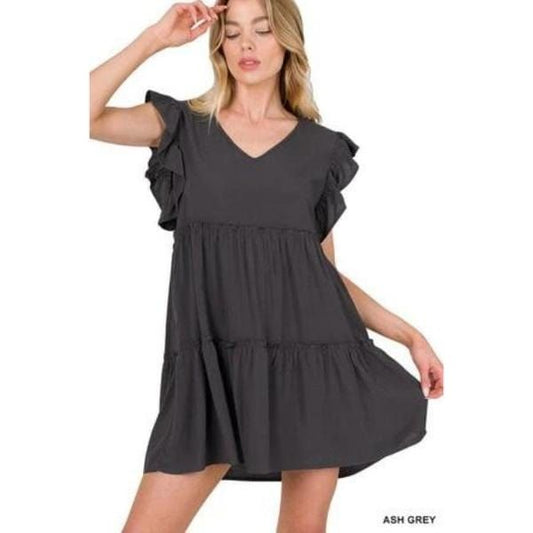Woven ruffle sleeve tiered mini dress