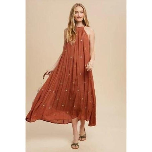 All over embroidered tie neck midi dress