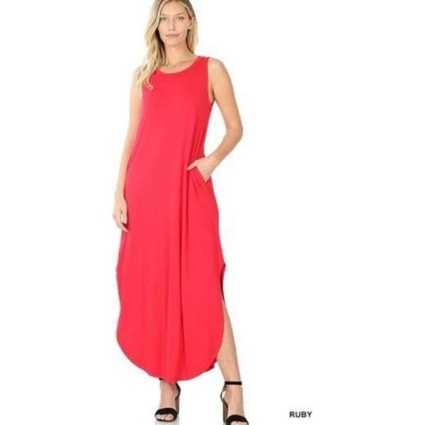 Viscose sleeveless maxi dress side slits pockets