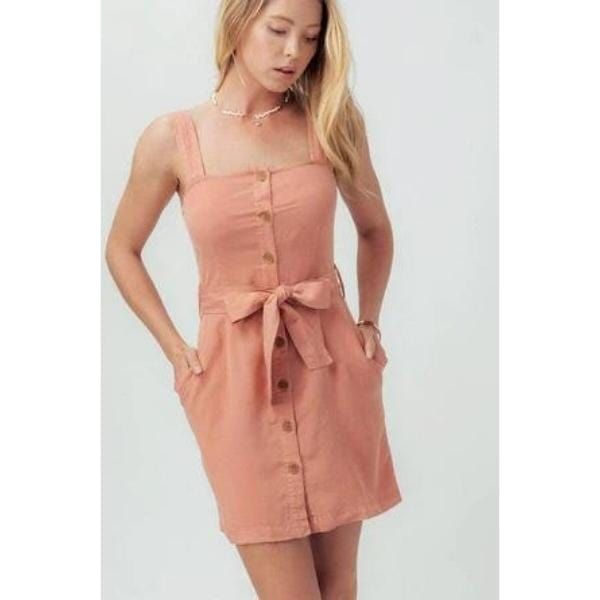 Smocked button through bow tie belted dress