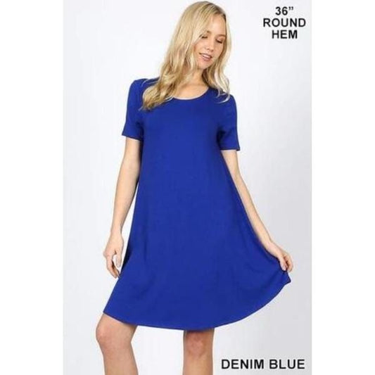 SHORT SLEEVE ROUND HEM A-LINE DRESS - SIDE POCKETS