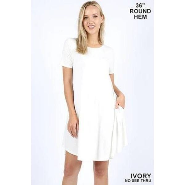 SHORT SLEEVE ROUND HEM A-LINE DRESS - SIDE POCKETS