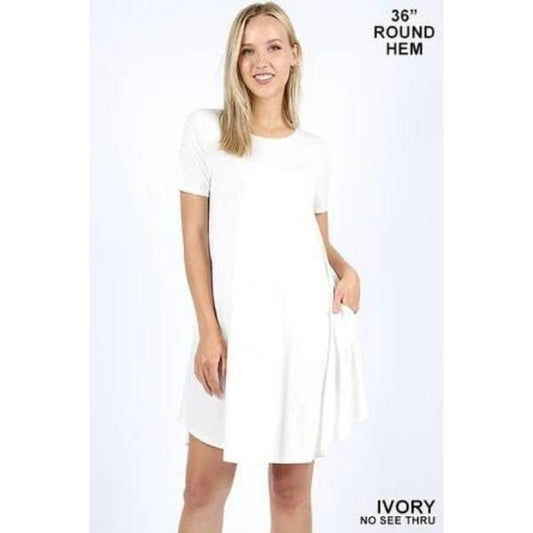SHORT SLEEVE ROUND HEM A-LINE DRESS - SIDE POCKETS