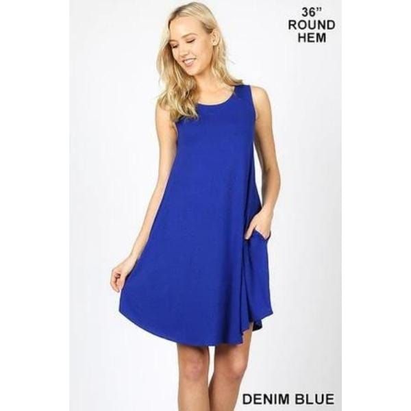 SLEEVELESS ROUND HEM SWING DRESS - SIDE POCKETS