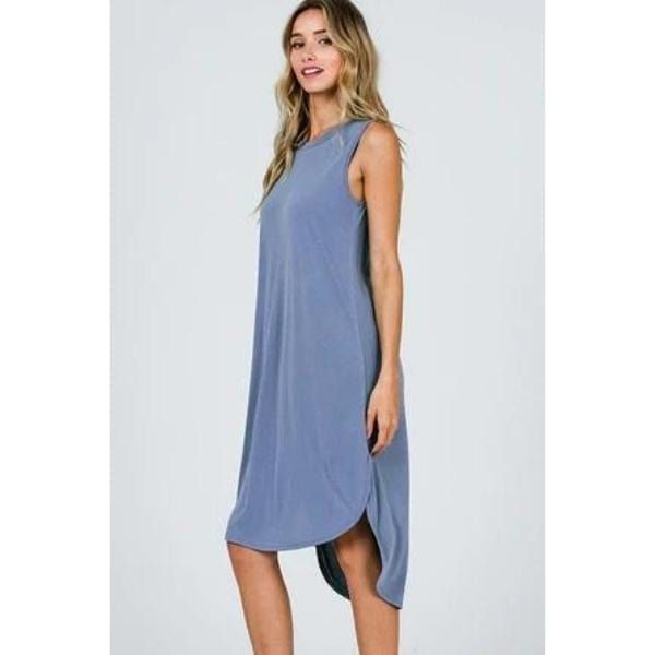Cupro Round Neck Sleeveless Hi Low Hem Dress.