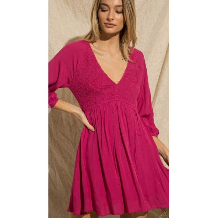 Deep V-Neck Mini Dress With Smocking Detail