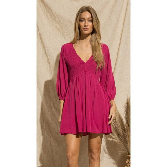 Deep V-Neck Mini Dress With Smocking Detail