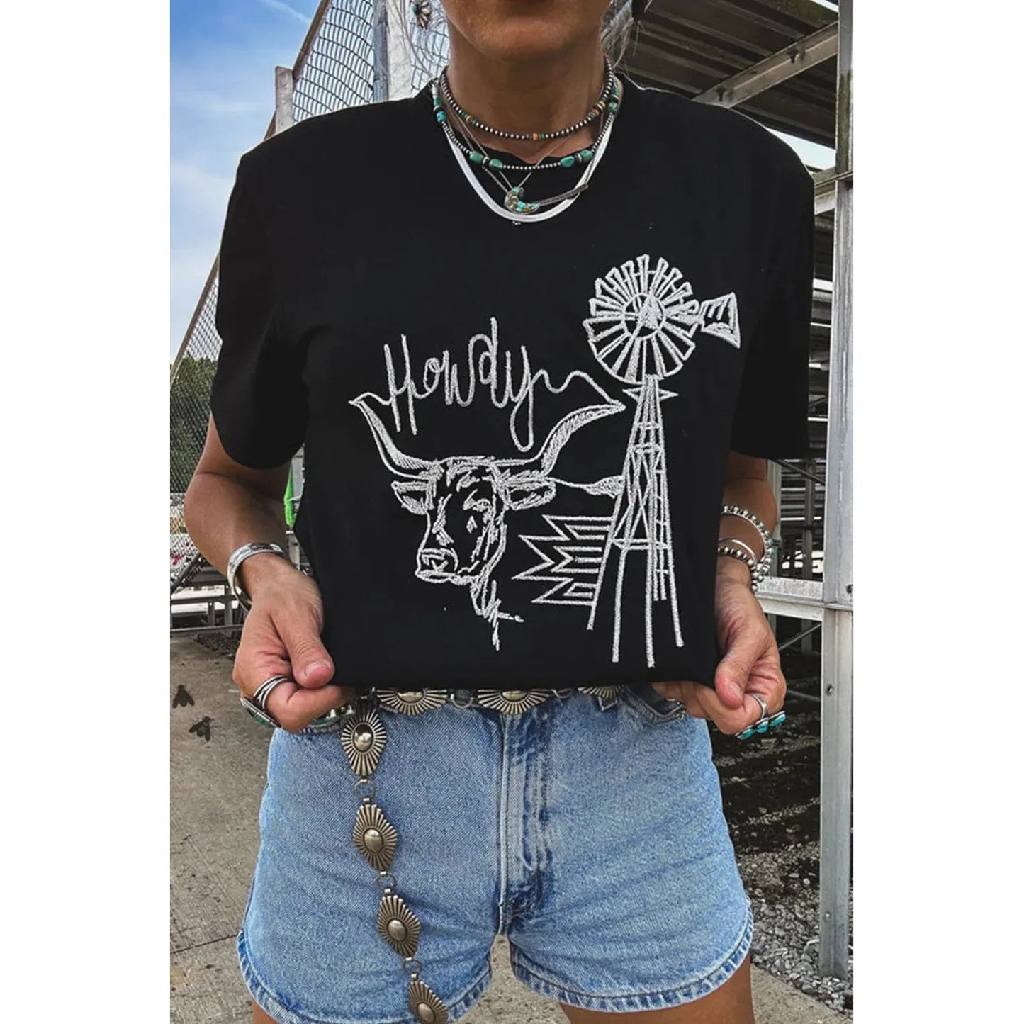 Black Howdy Western Cow Embroidered O Neck T Shirt