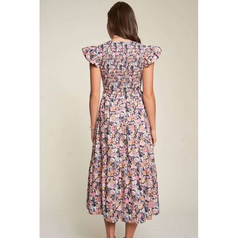 Vintage Garden Floral Flutter Smocking Midi Dress