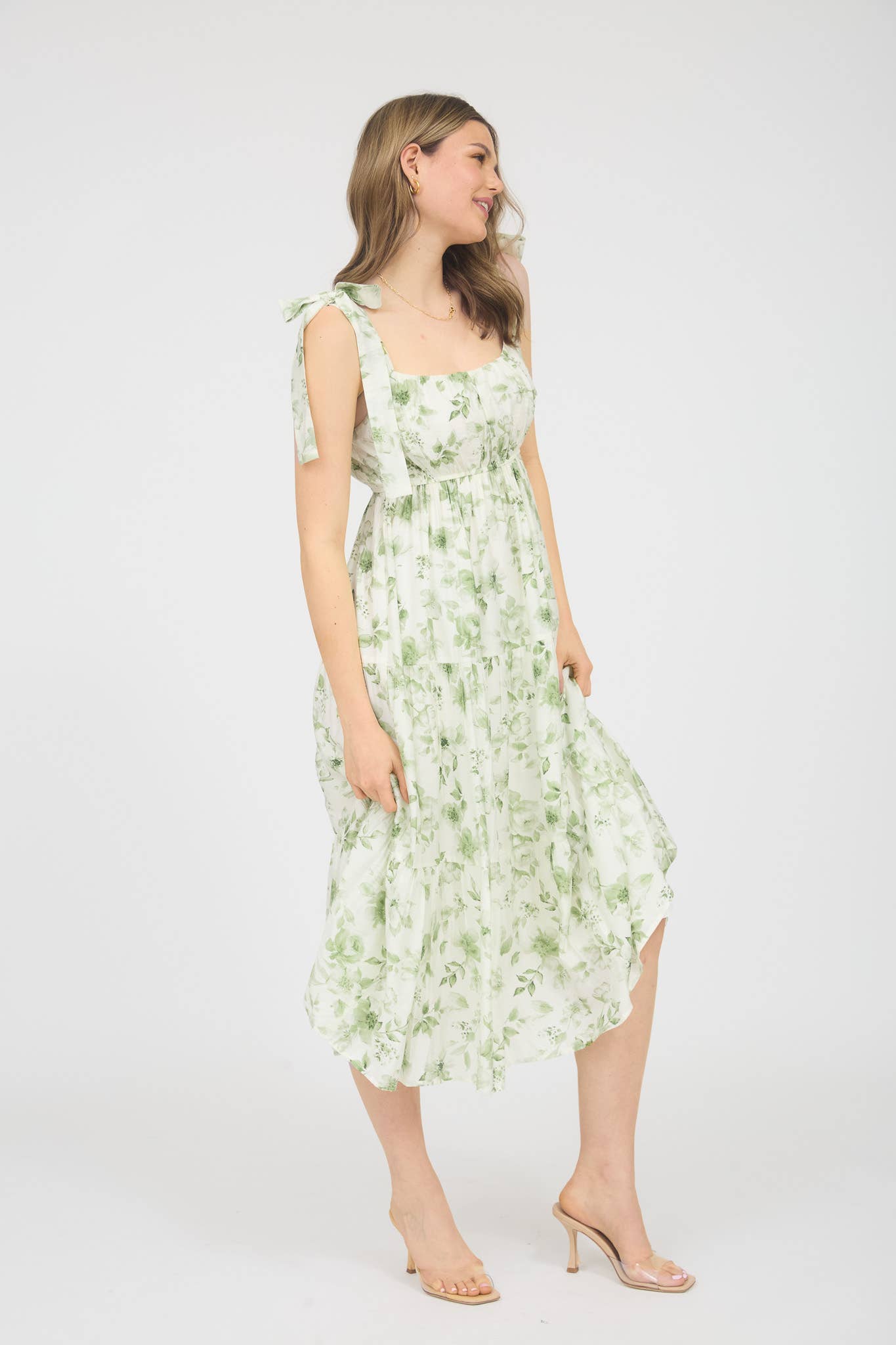 Floral Tie Strap Tiered Midi DRESS