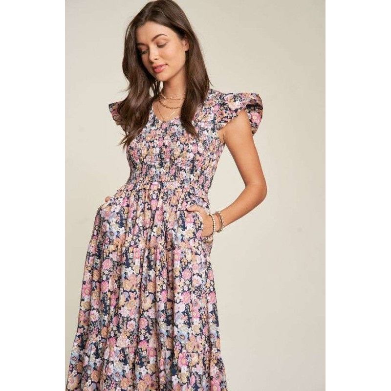 Vintage Garden Floral Flutter Smocking Midi Dress