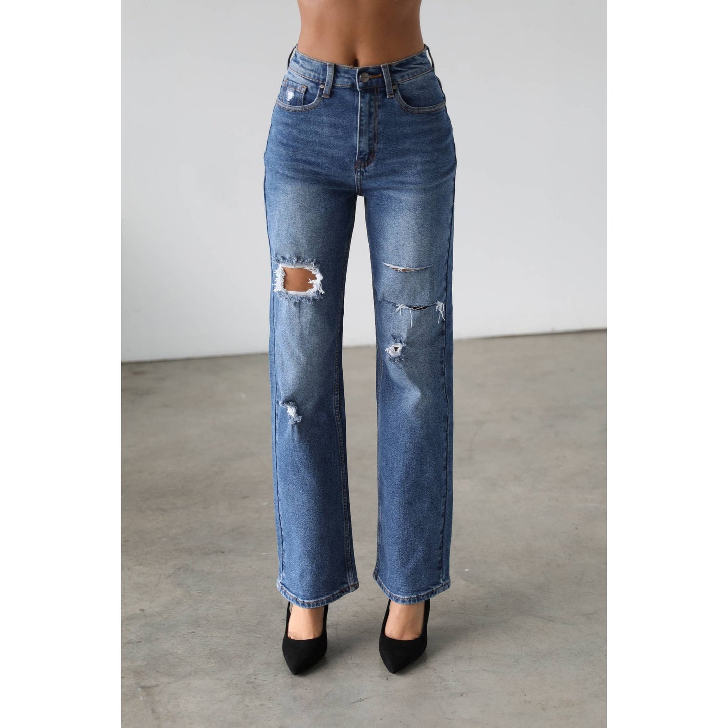 High Rise Straight Leg Denim Jeans - Dark- 7106