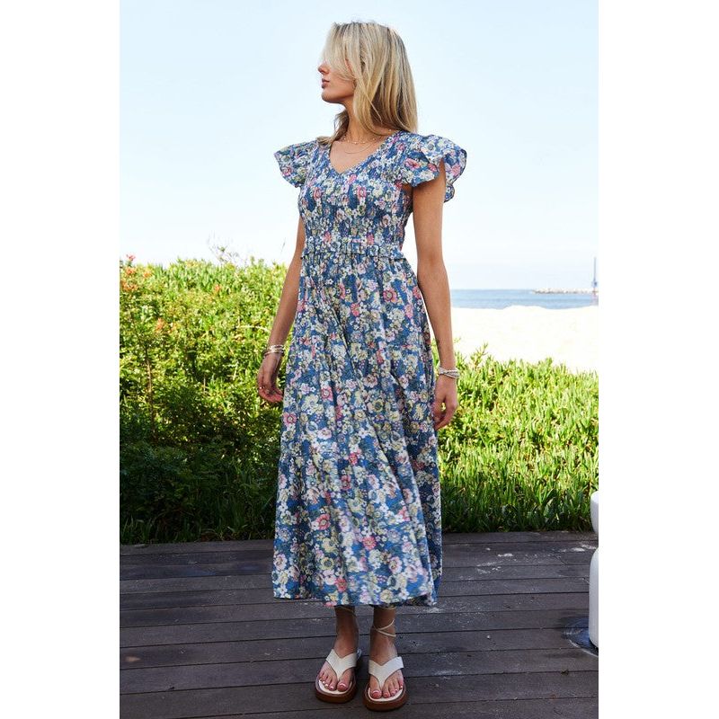 Vintage Garden Floral Flutter Smocking Midi Dress