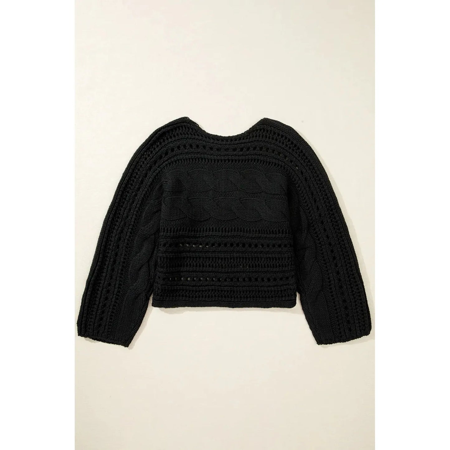 Black Hollow-out Cable Knit Cropped Sweater